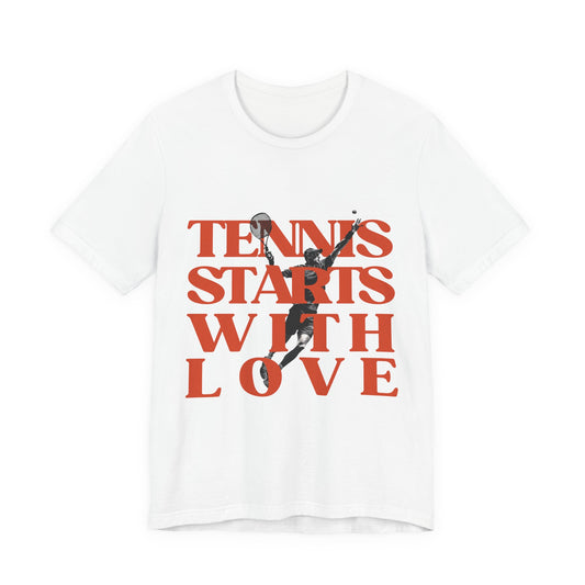 White t-shirt with red text 'Tennis Starts With Love' and a silhouette of a tennis player on a white background