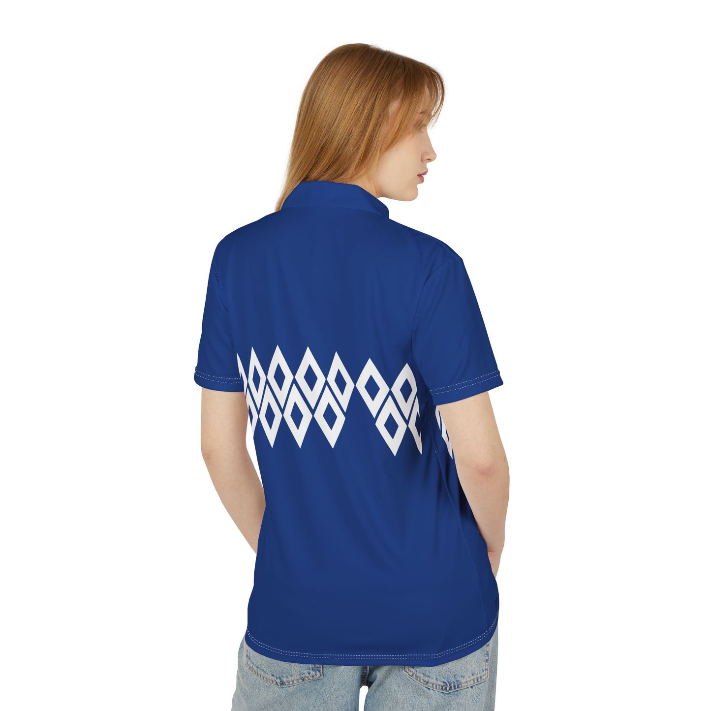 Person wearing a blue polo shirt with a white geometric pattern on the back, on a white background
