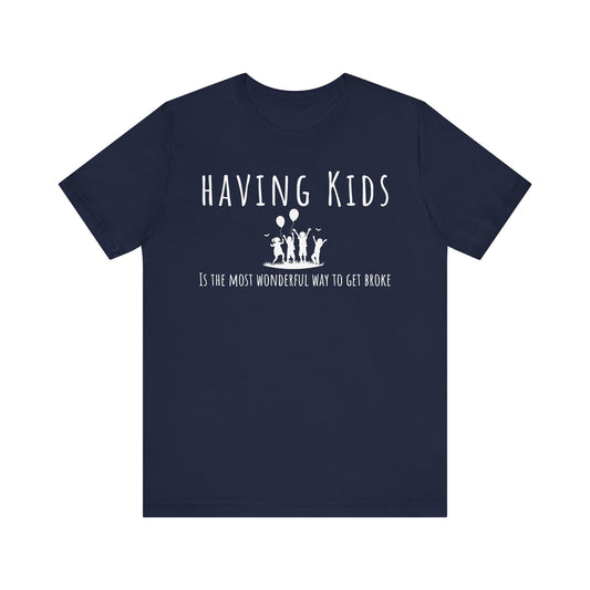 Navy blue t-shirt with white text and graphics on a white background