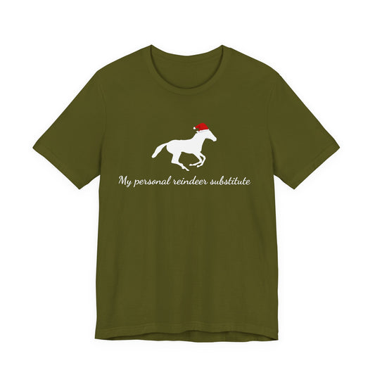 Green t-shirt with a horse wearing a red Santa hat and text on a white background