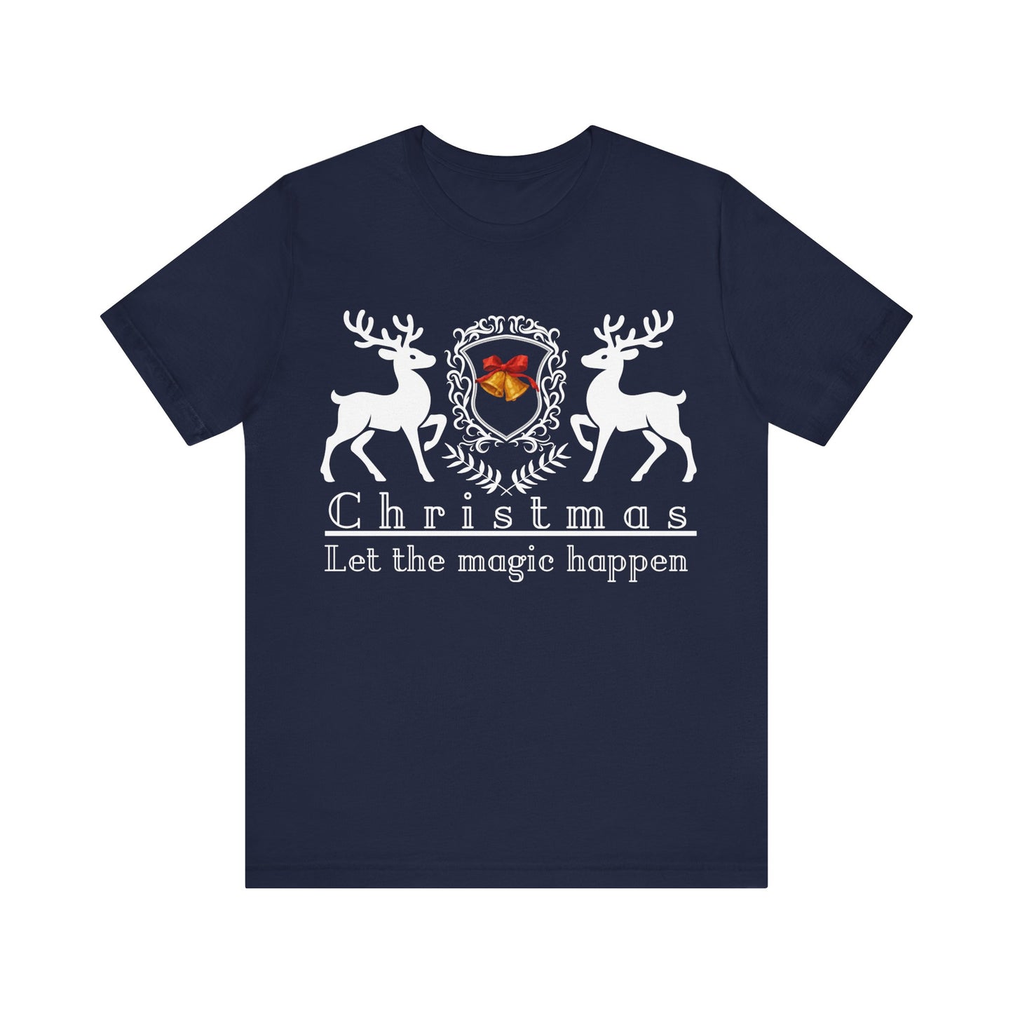 Navy blue t-shirt with reindeer design and text on a white background