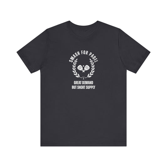 Black t-shirt with white graphic and text on a white background