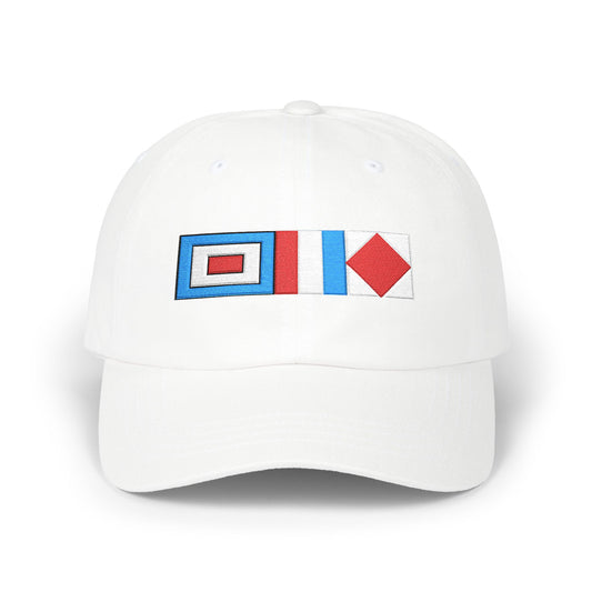 Sailor Cap White cap with colorful geometric design on a white background