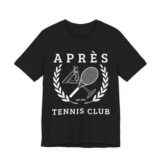 Tennis Club Shirt Black t-shirt with white tennis club graphic and text on a white background