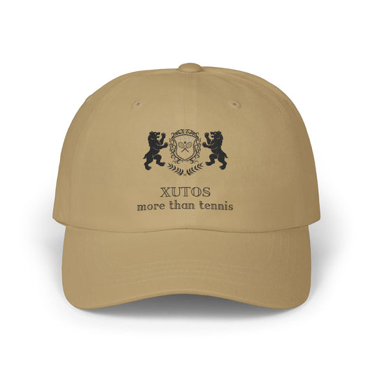 Xutos Beige cap with black logo and text on a white background