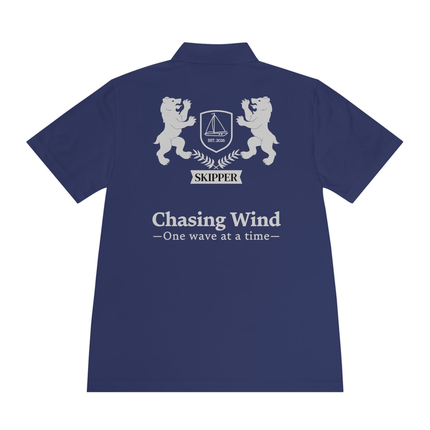 Sailing Polo Shirt Navy blue polo shirt with white text and graphics on a white background