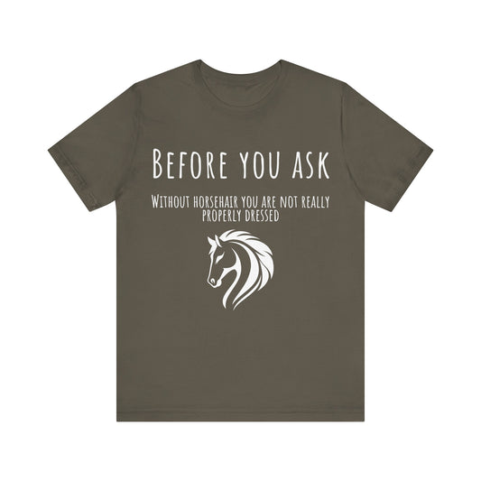 Brown t-shirt with white horse graphic and text on a white background