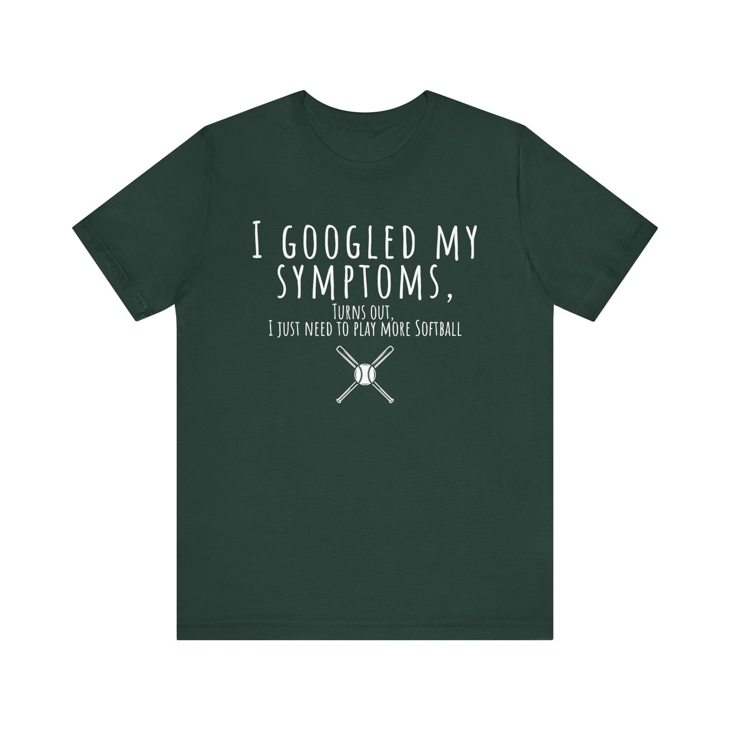 Green t-shirt with humorous text and softball graphics on a white background