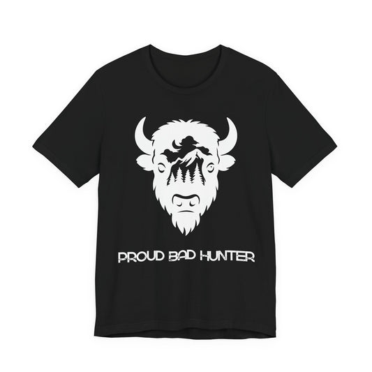 Black t-shirt with white and gold graphic design on a white background