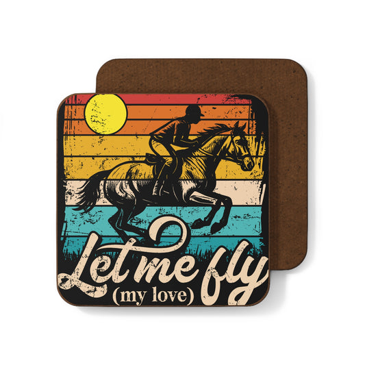 Coaster with horse and rider design and 'Let me fly (my love)' text on a white background