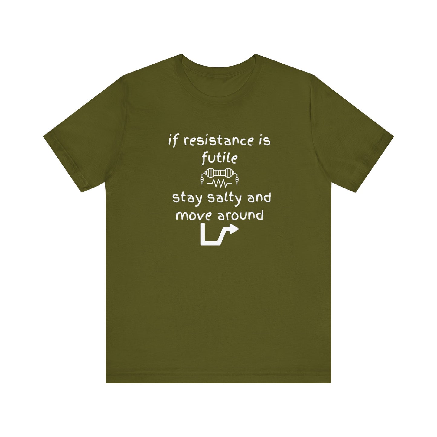 Green t-shirt with white text and graphics on a white background