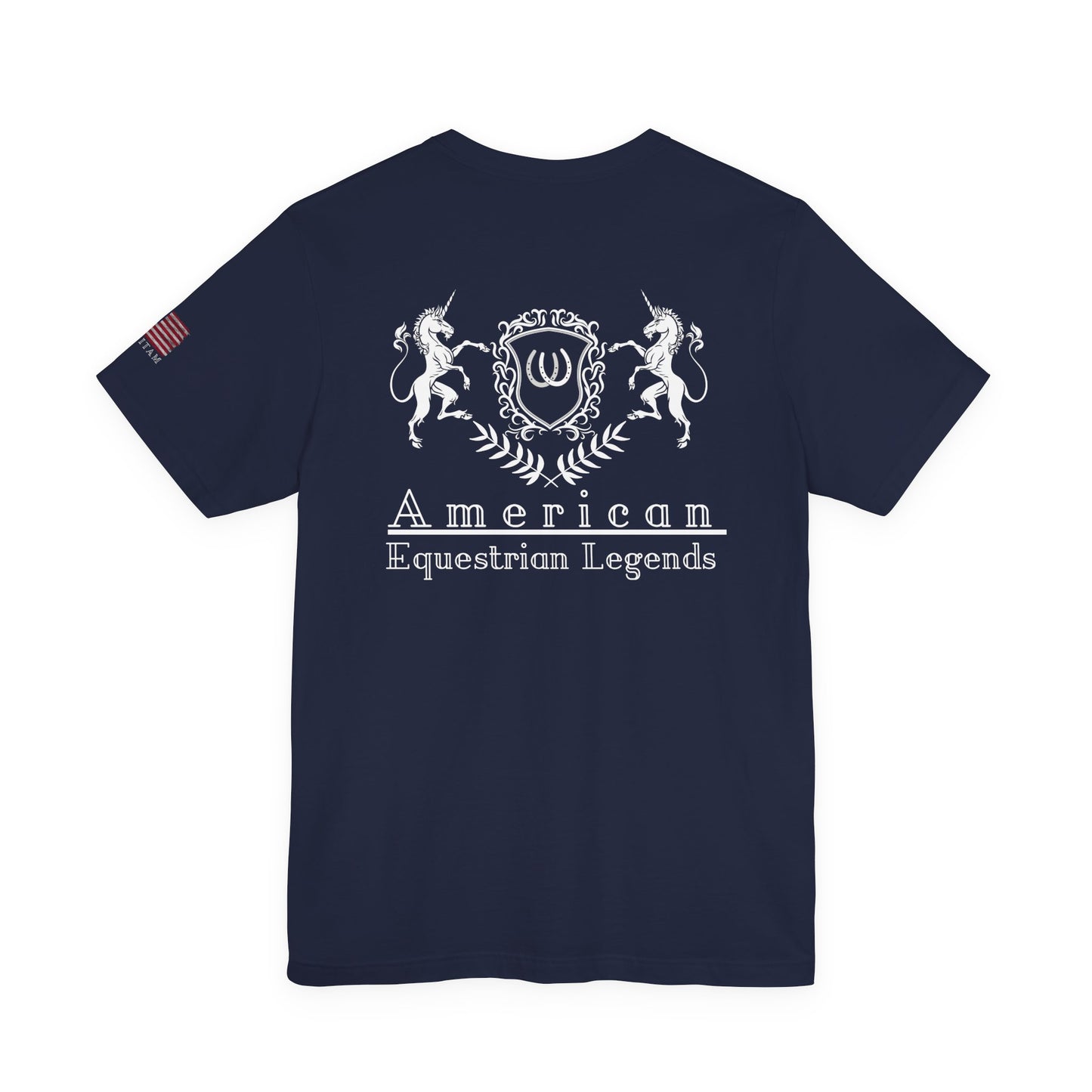 Black t-shirt with white graphic and text on a white background