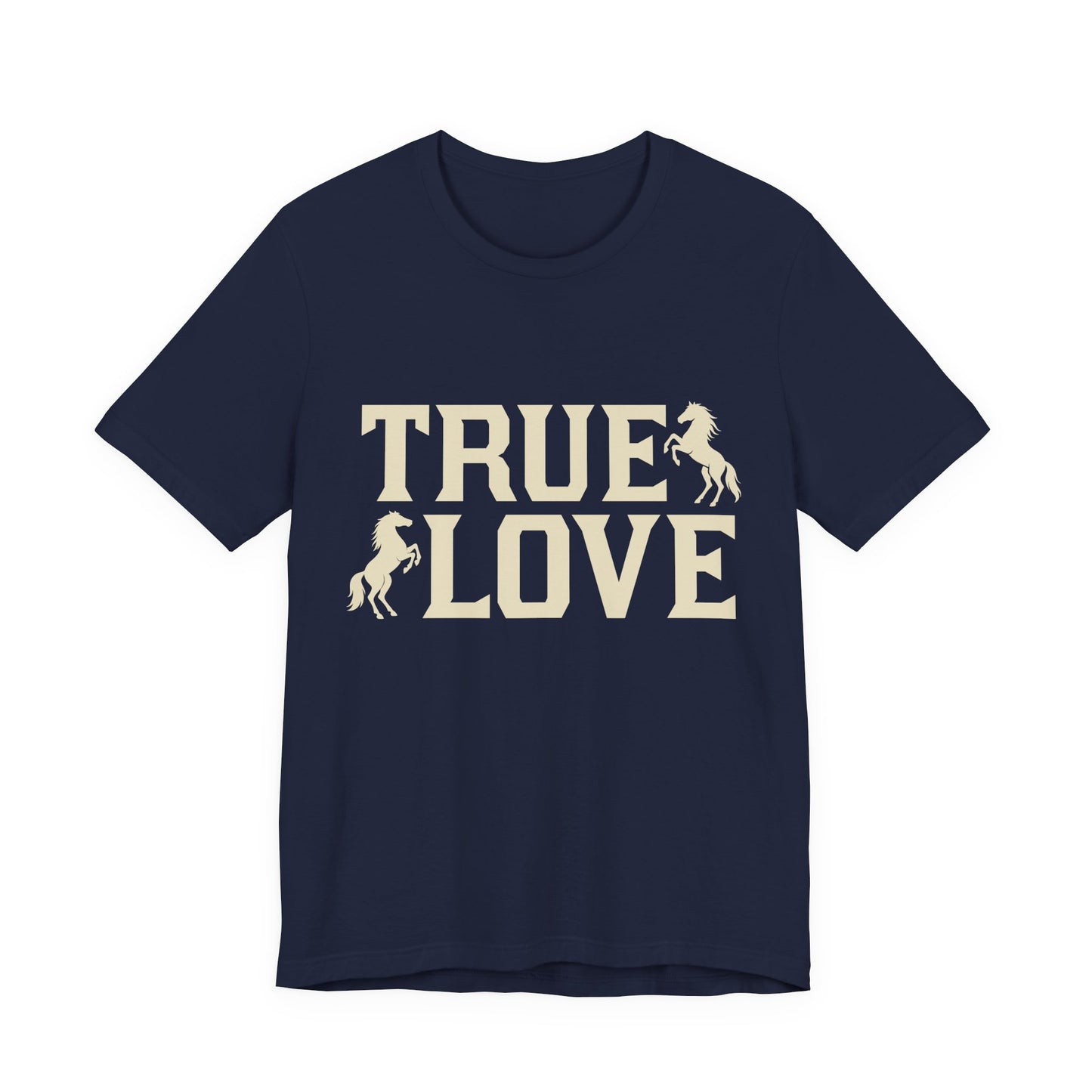 Navy blue t-shirt with 'TRUE LOVE' text and horse graphics on a white background