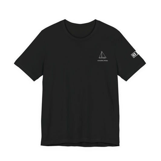 Sailing T-Shirt Black t-shirt with white text and logos on a white background