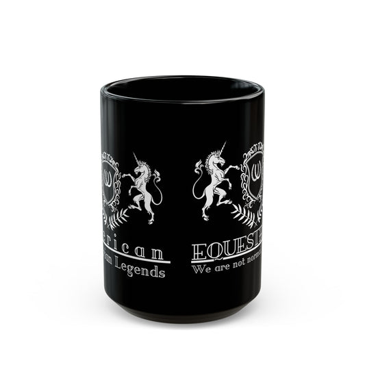 Black mug with white unicorn design and text on a white background