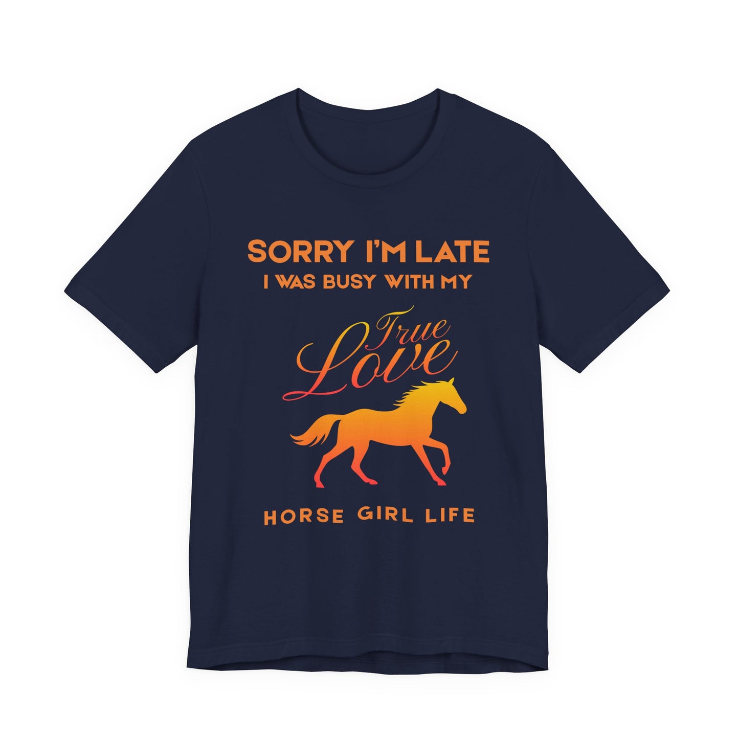Navy blue t-shirt with orange and red text and a horse graphic on a white background