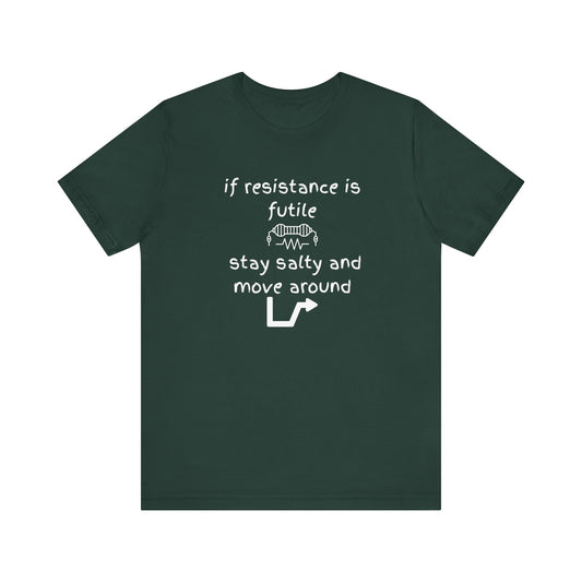 Green t-shirt with white text and graphics on a white background