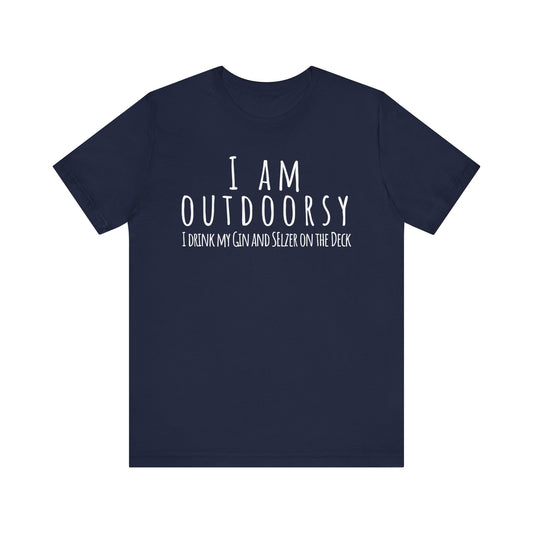 Navy blue t-shirt with white text on a white background