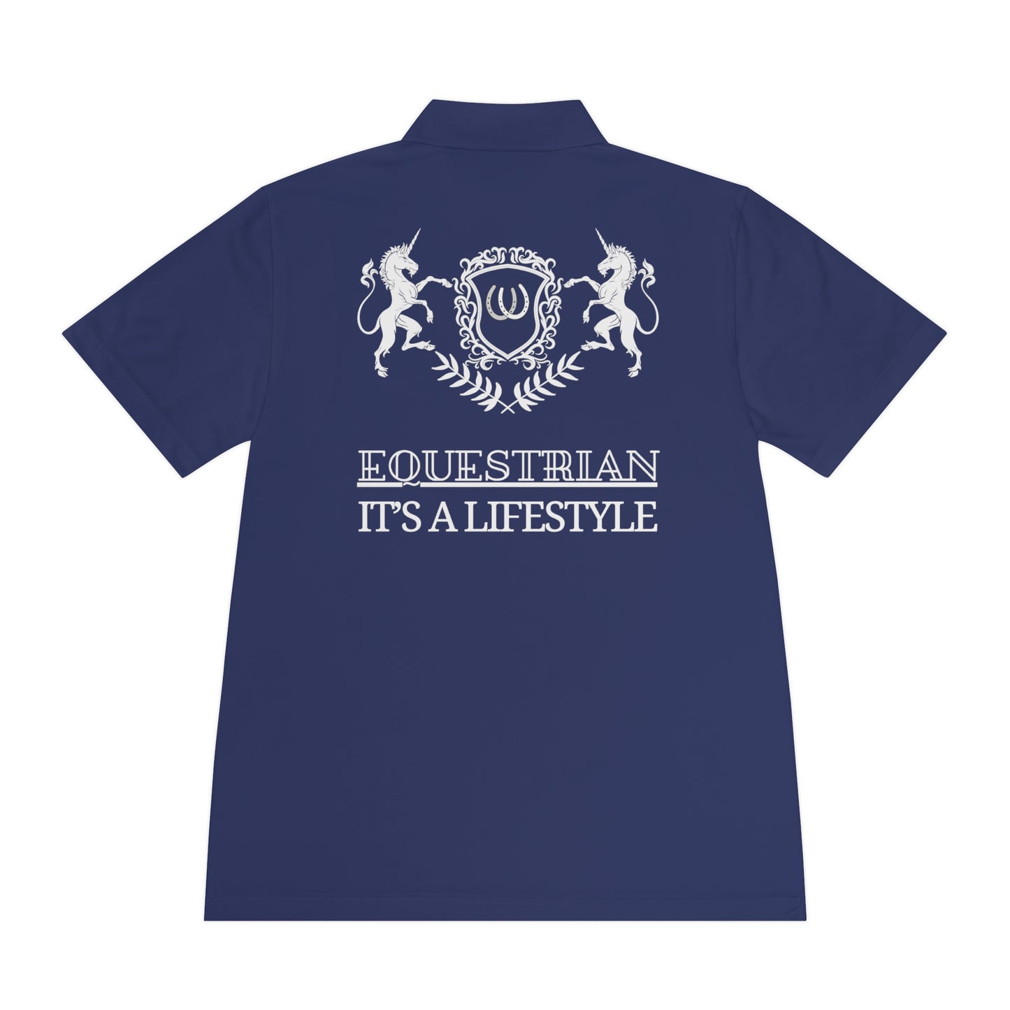 Navy blue polo shirt with white equestrian design and text on a white background