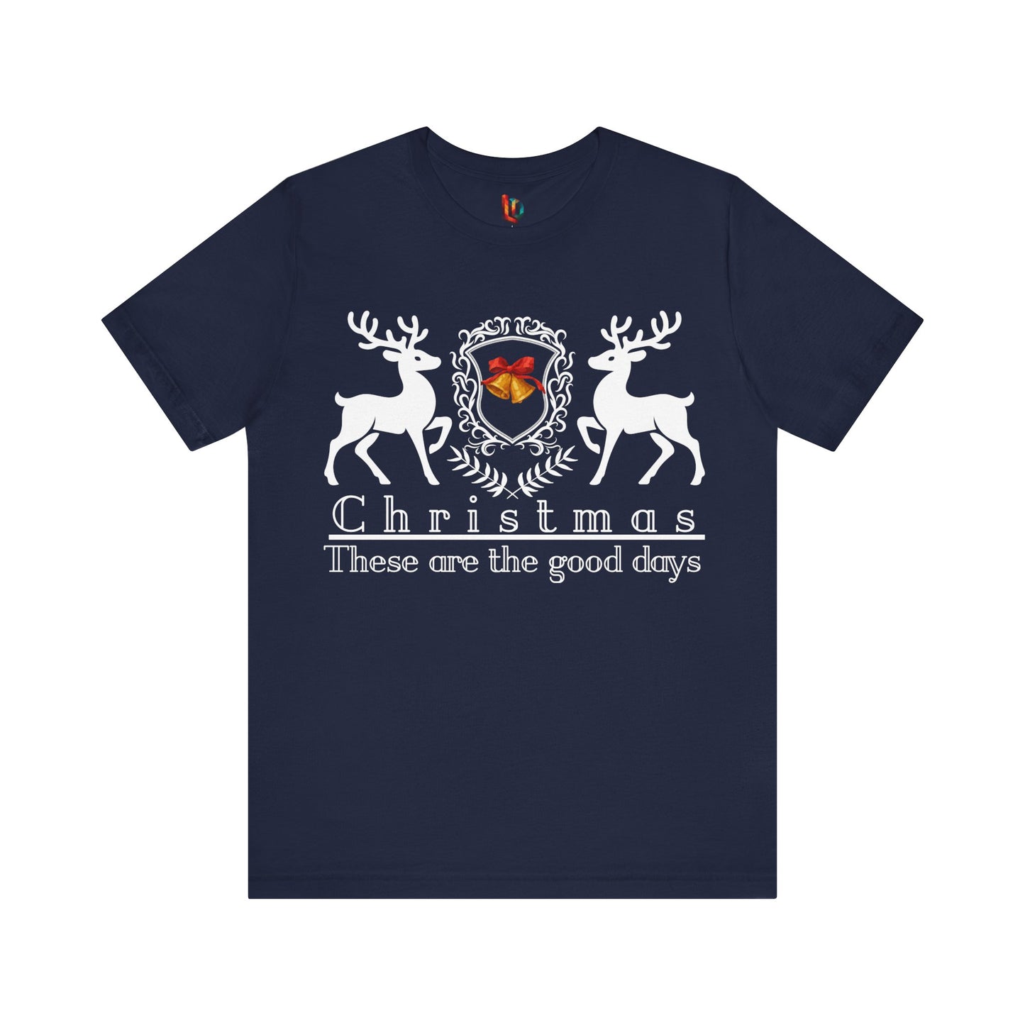Navy blue t-shirt with white reindeer design and text on a white background