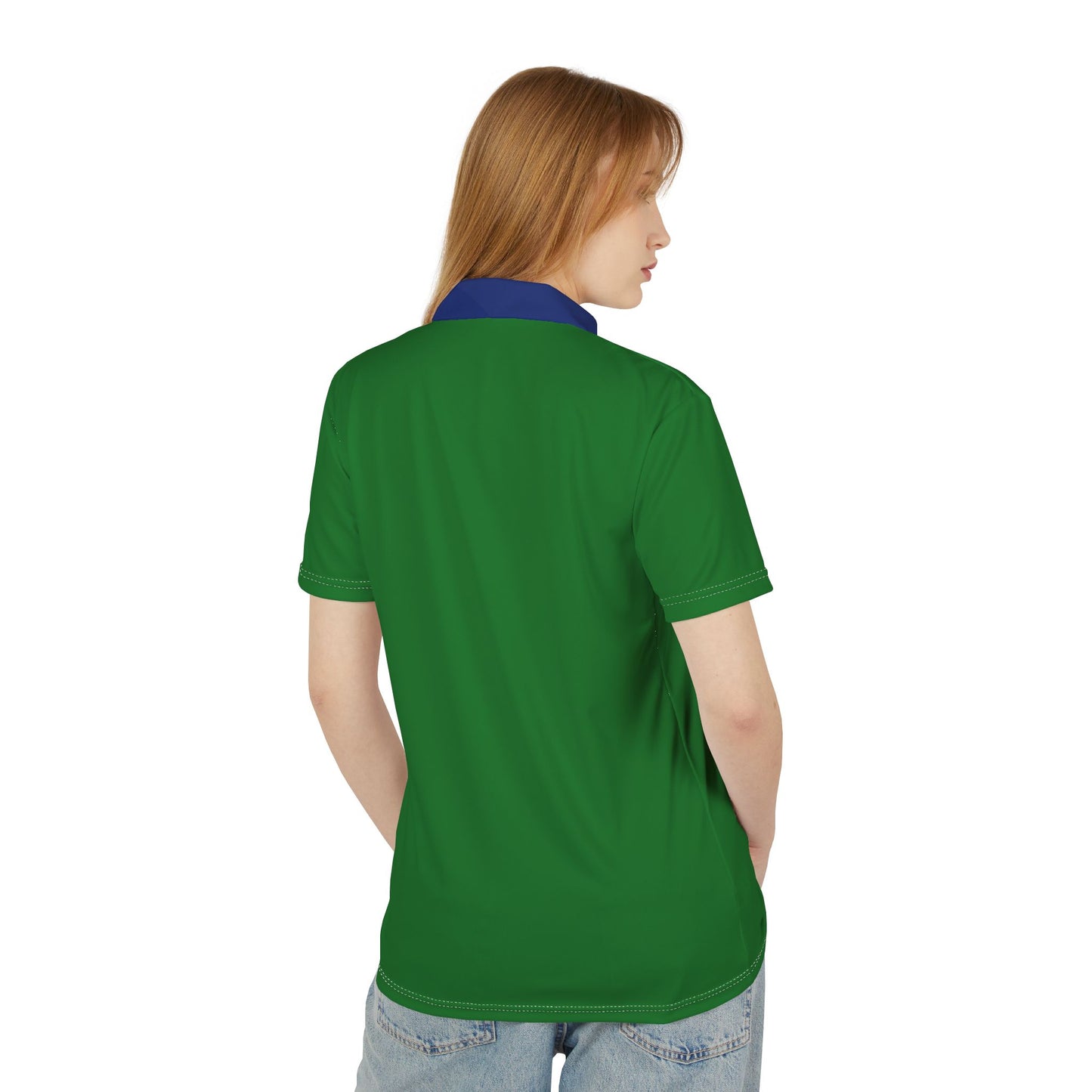 Person wearing a green polo shirt on a white background