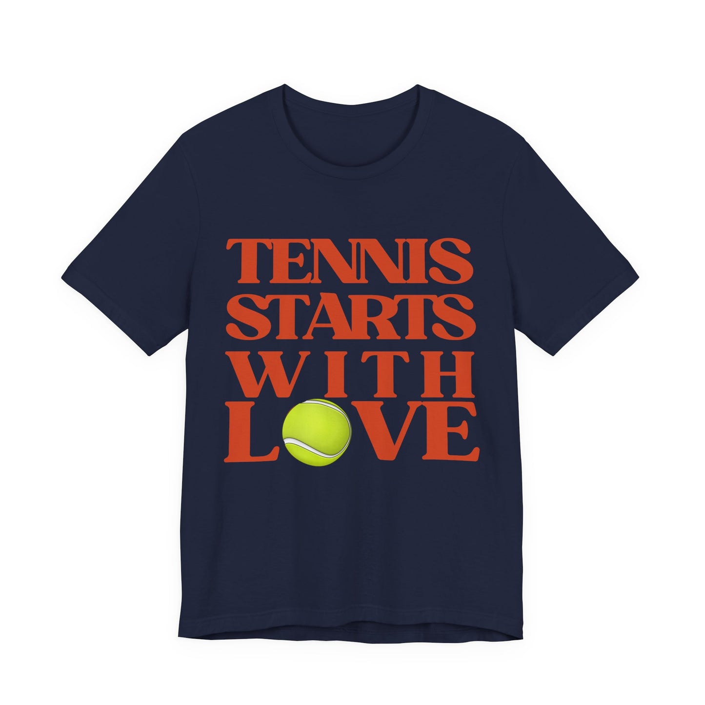 Navy blue t-shirt with 'Tennis Starts With Love' text and tennis ball graphic on a white background