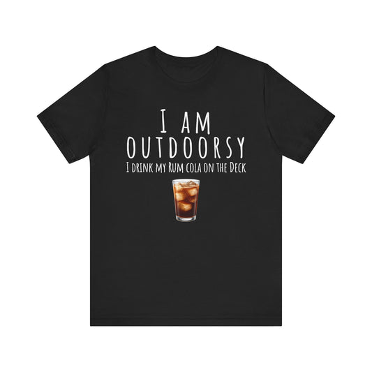 Black t-shirt with humorous text and a drink graphic on a white background