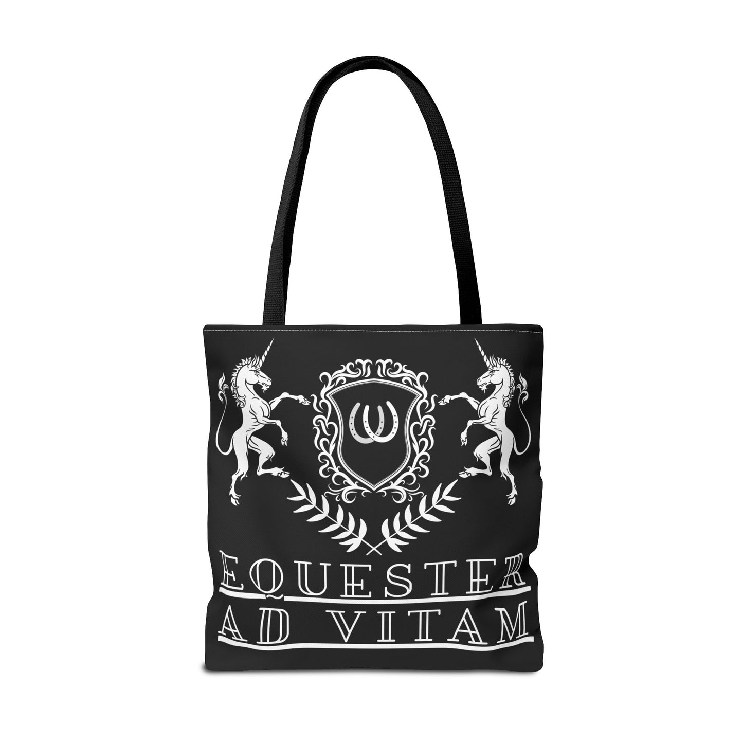 Black tote bag with white emblem and text on a white background