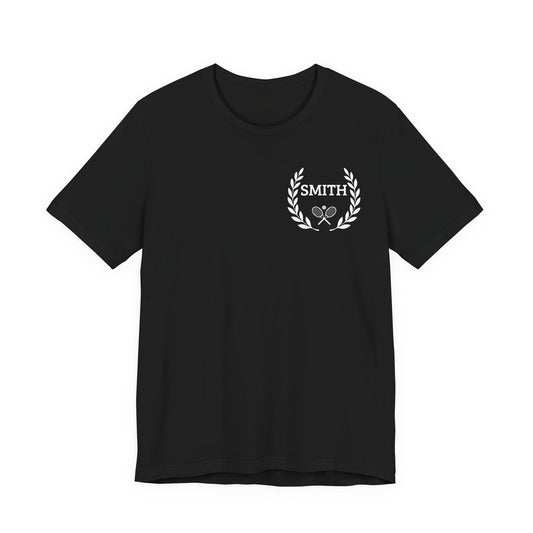 Unique gifts for tennis players Black t-shirt with a white logo on a white background