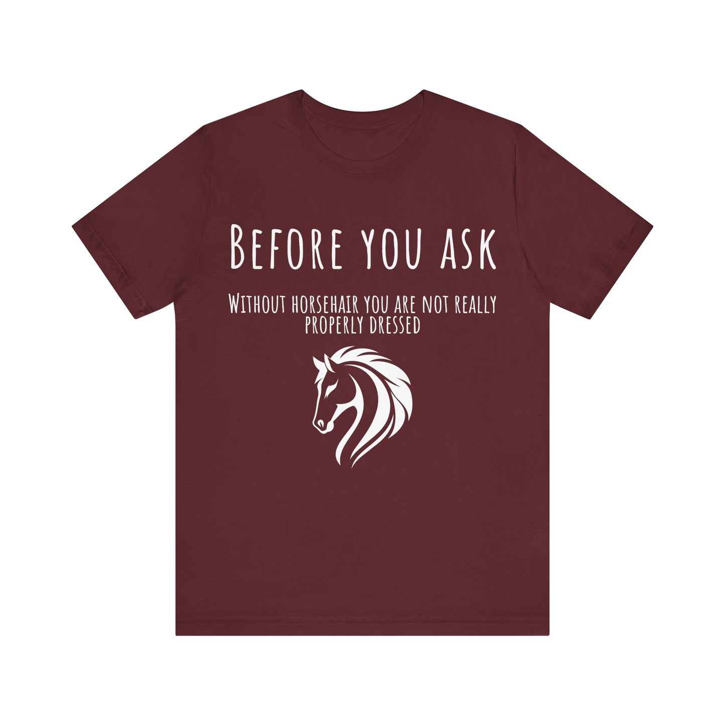 Maroon t-shirt with white horse graphic and text on a white background