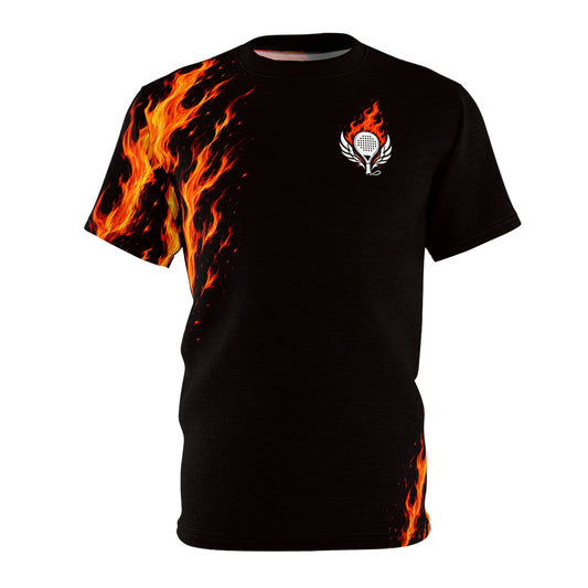 Performance Padel Shirt Black t-shirt with flame design on sleeves and white logo on chest against a white background