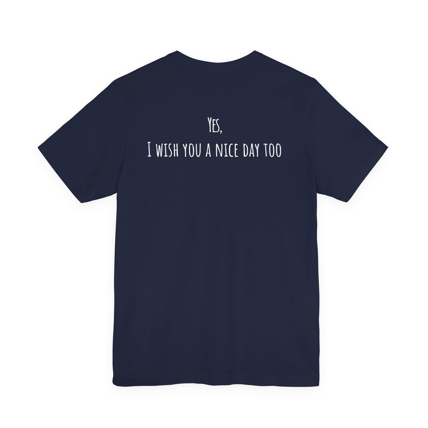 Navy blue t-shirt with white text on the back on a white background