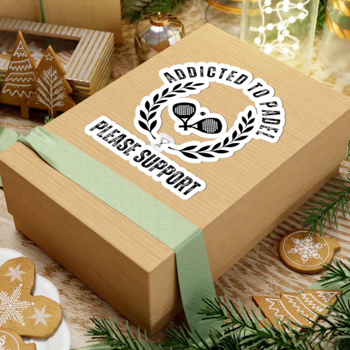 Wooden gift box with decorative text and ribbons on a festive background with cookies and lights.