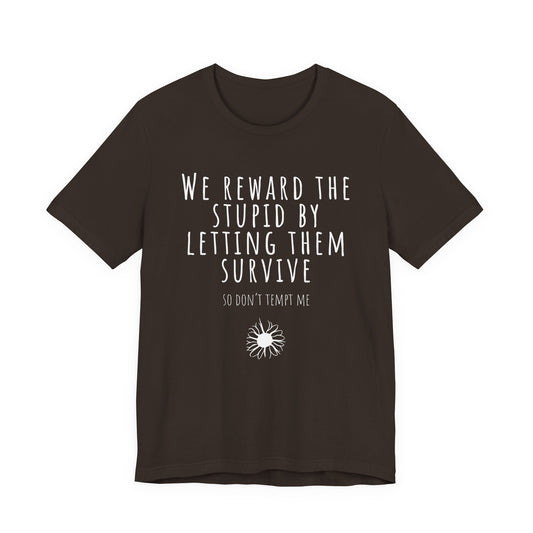 Black t-shirt with white text on a white background