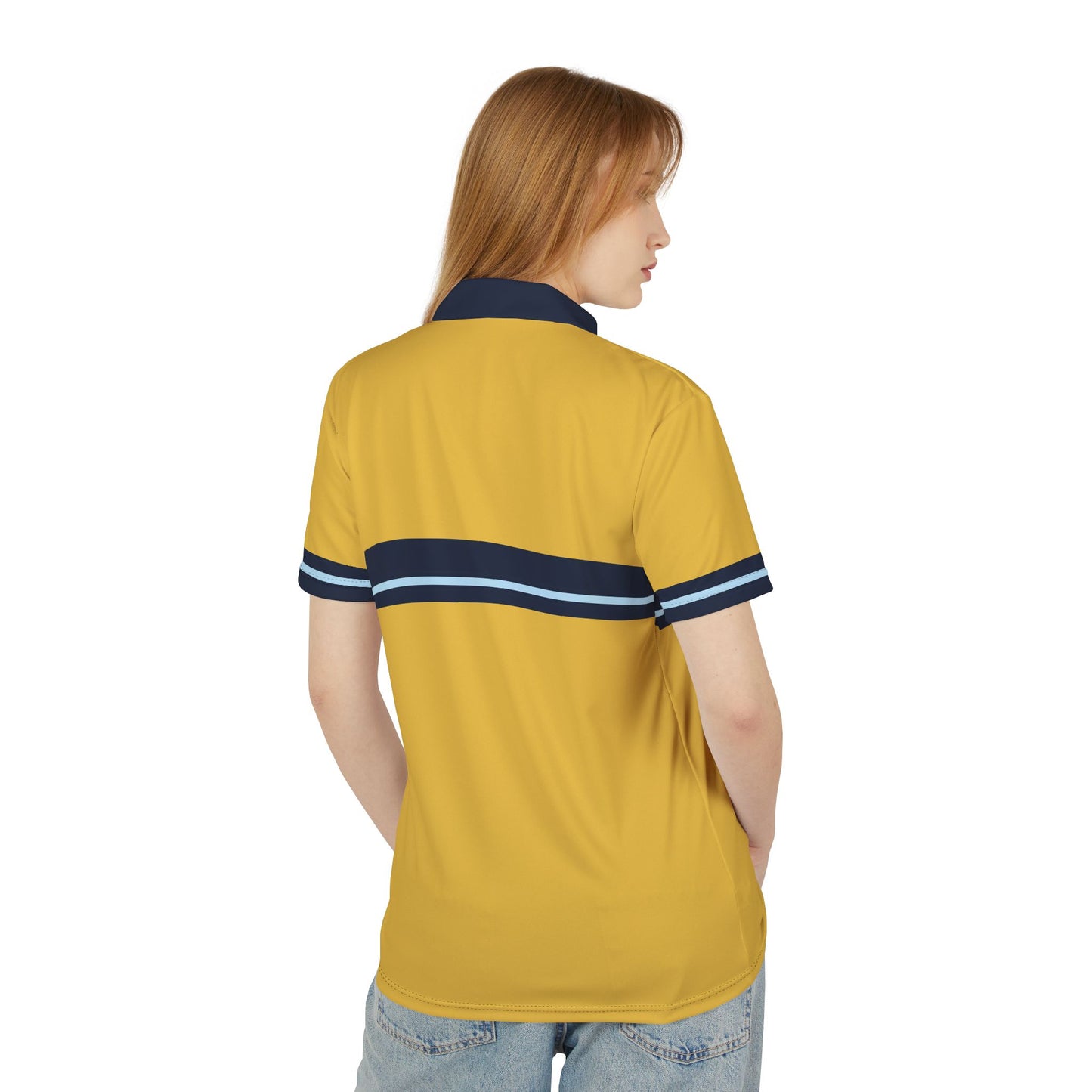 Vintage Tennis Polo Person wearing a yellow polo shirt with navy and white stripes on a white background