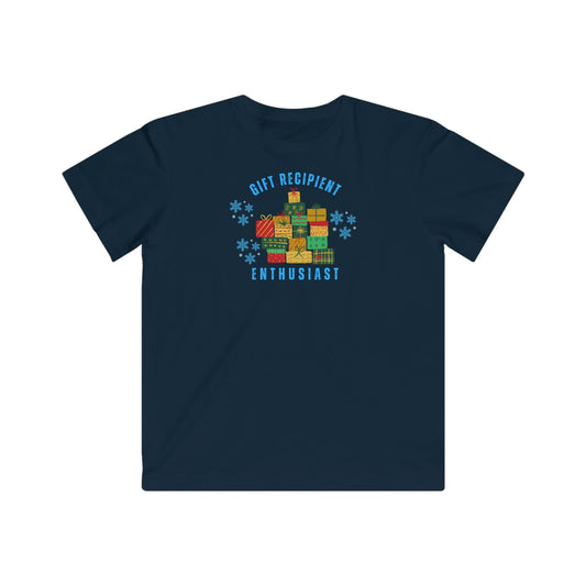 Navy blue t-shirt with colorful graphic and text on a white background