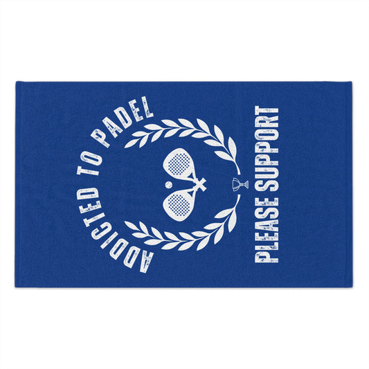 Blue towel with white text and paddle design on a white background