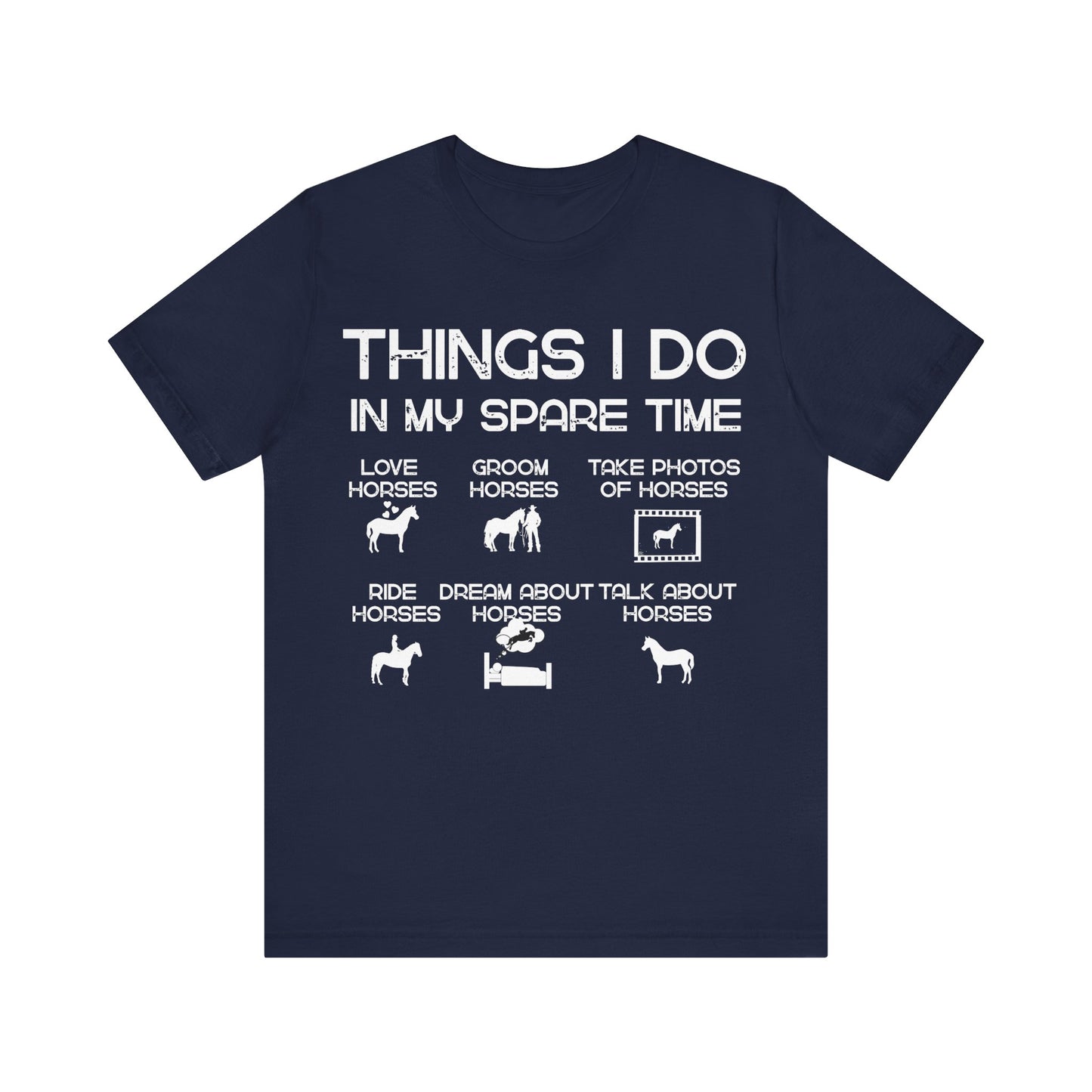 Navy blue t-shirt with white text and horse-related graphics on a white background