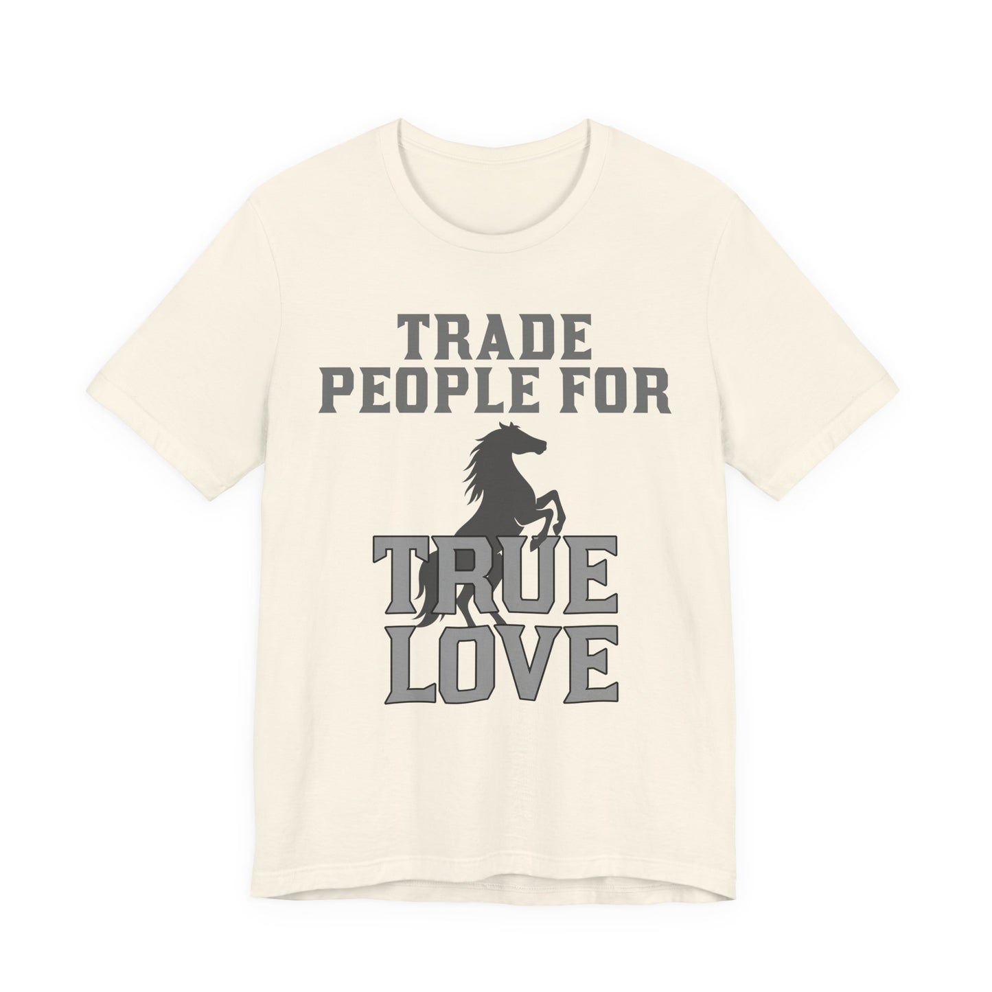 Beige t-shirt with graphic design and text on a white background