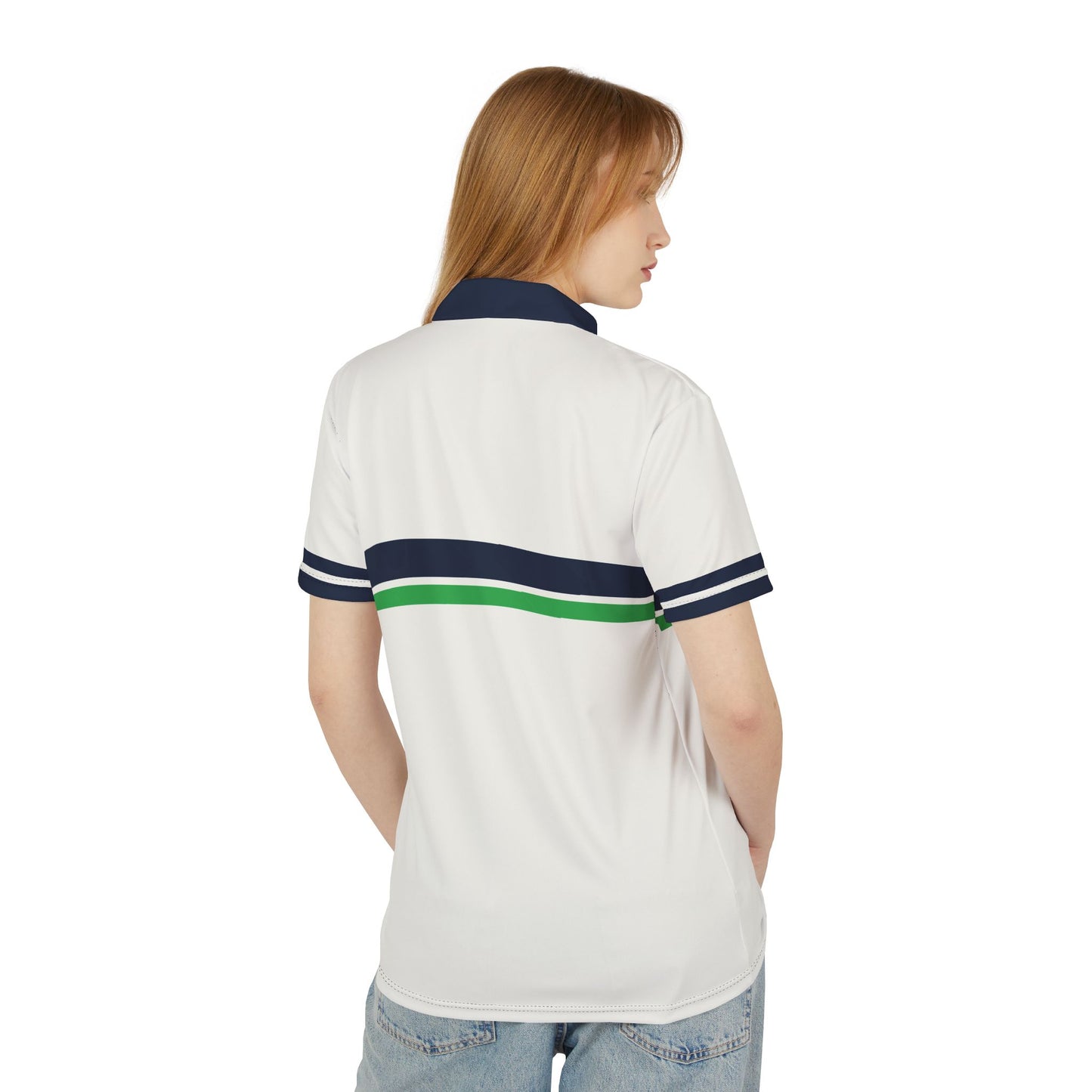 Retro Tennis Clothes Person wearing a white polo shirt with blue and green stripes on a white background