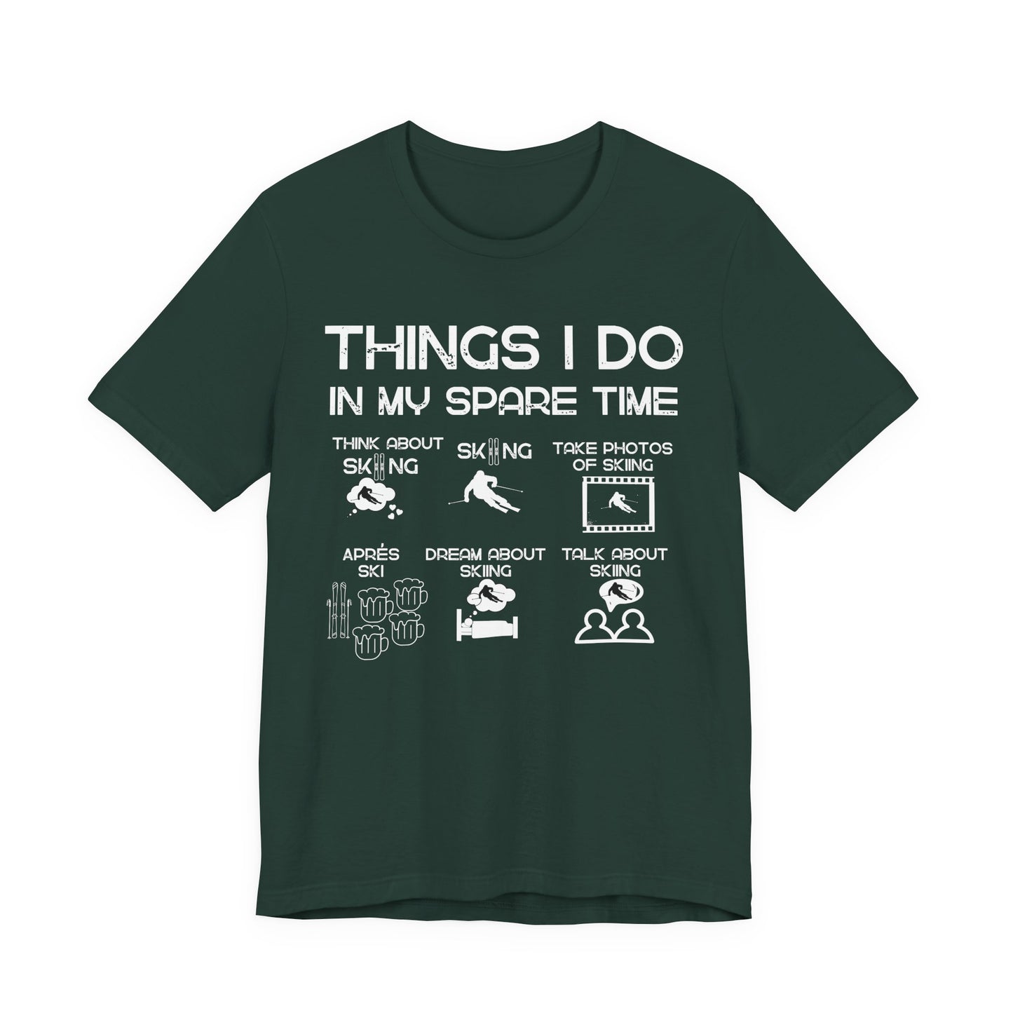 Green t-shirt with white text and graphics on a white background