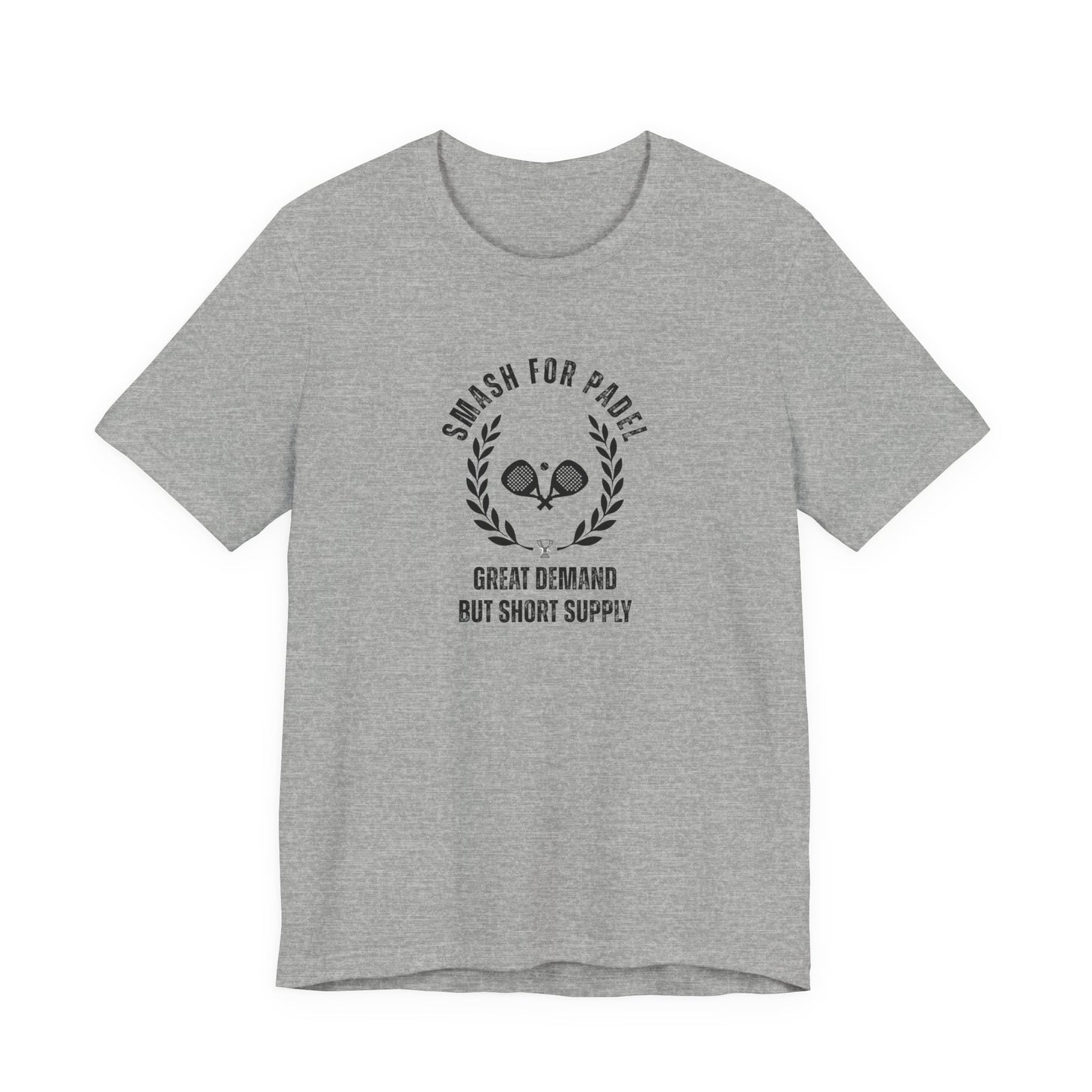 Gray t-shirt with black graphic and text on a white background