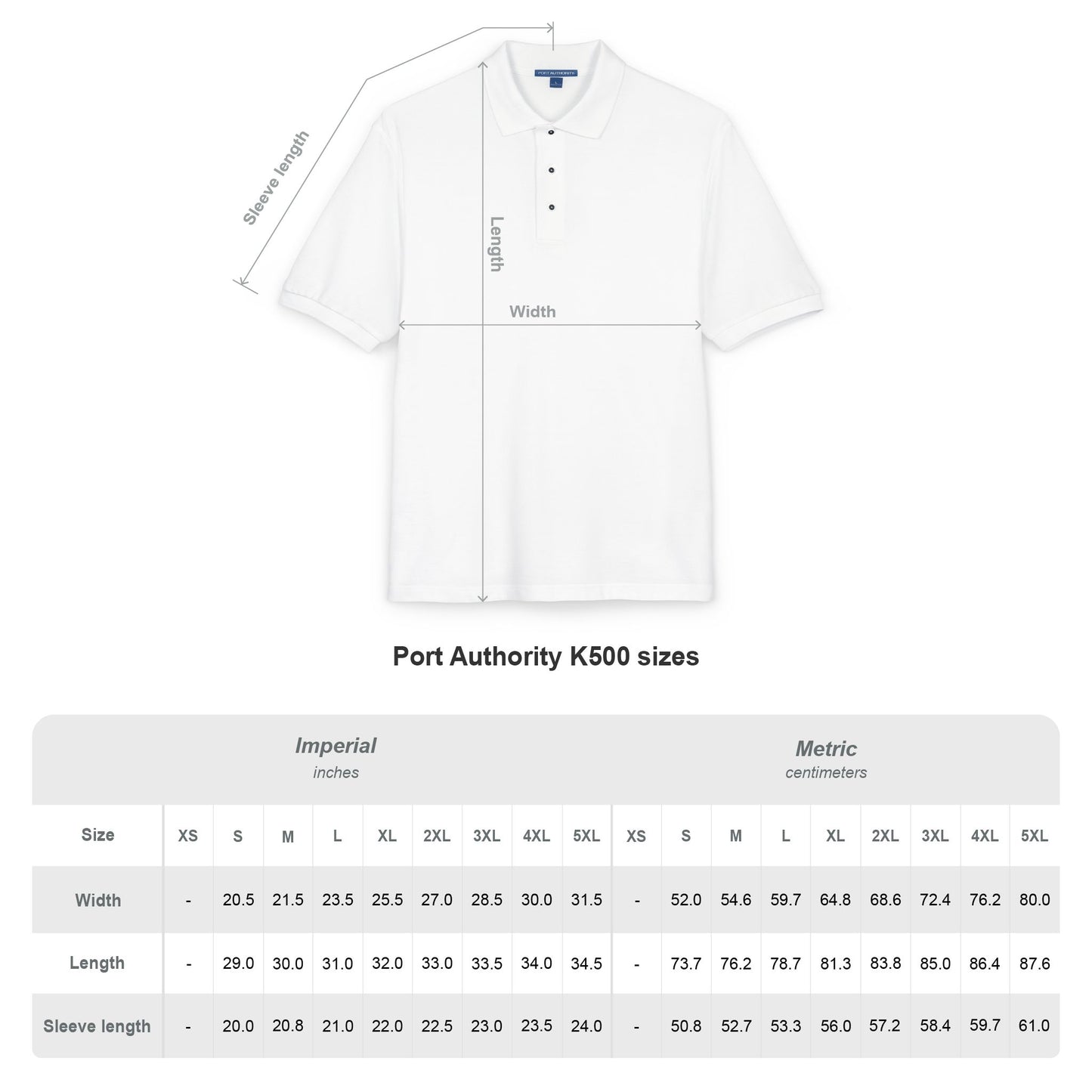 White shirt with size chart for Port Authority K500 on a white background