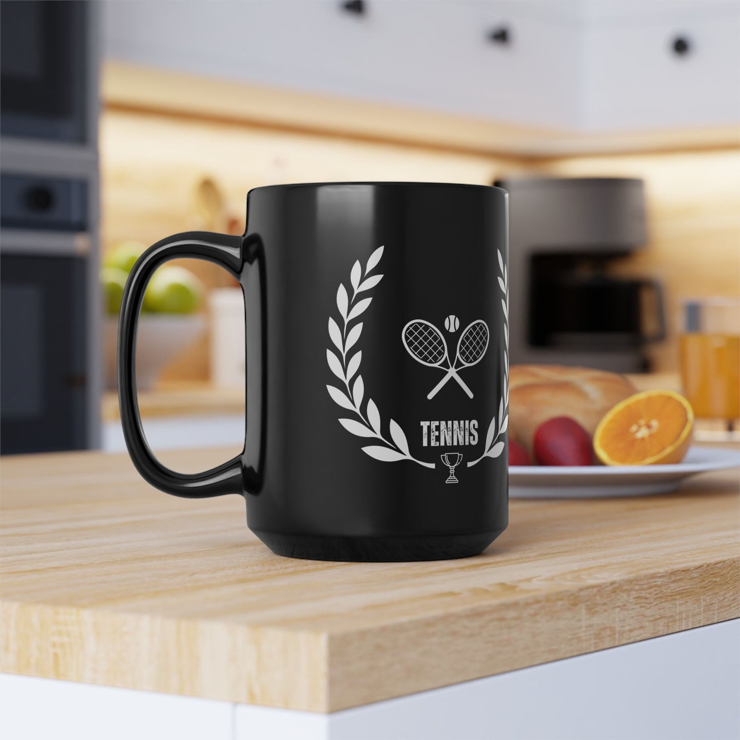Tennis Mug Black mug with tennis-themed design on a kitchen counter