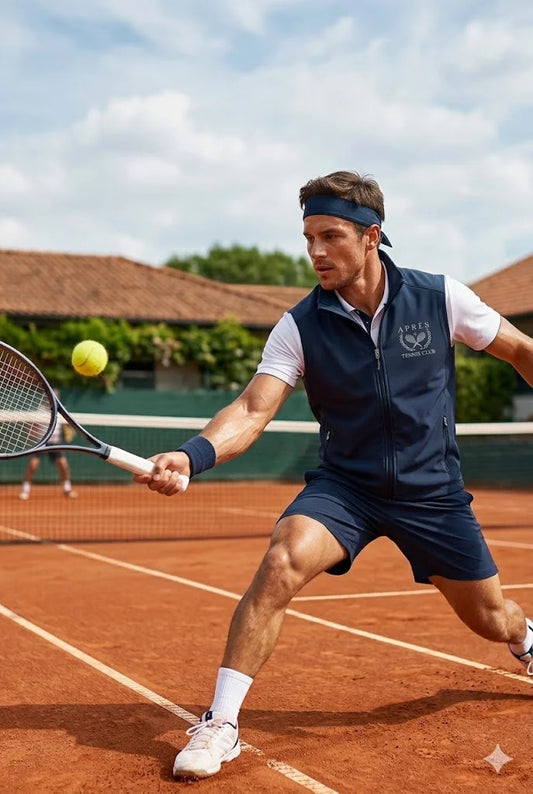 Tennis Vest Tennis player in action on a clay court with a racket and ball.