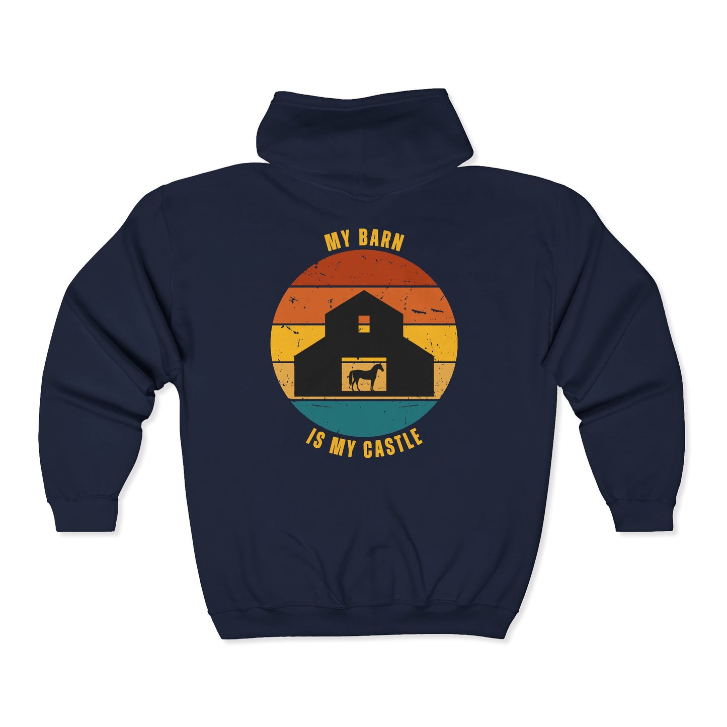 Navy blue hoodie with a graphic of a barn and text 'My Barn is My Castle' on the back, against a white background.