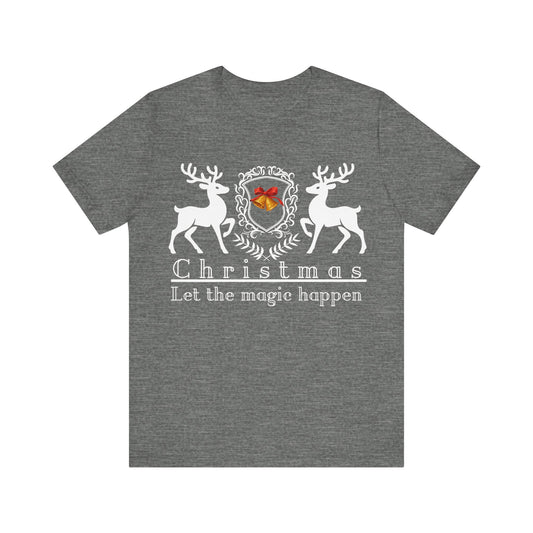 Gray t-shirt with Christmas design featuring deer and a bell on a white background