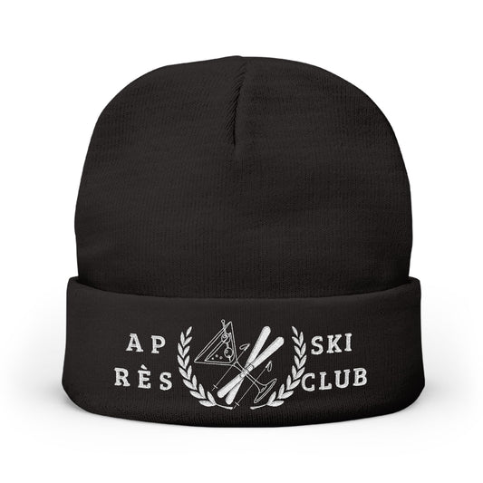 Ski Beanie Black beanie with white text and design on a white background