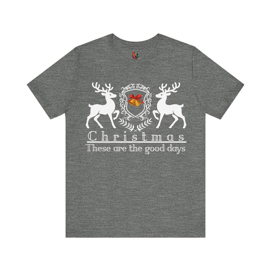 Gray t-shirt with Christmas design featuring deer and text on a white background
