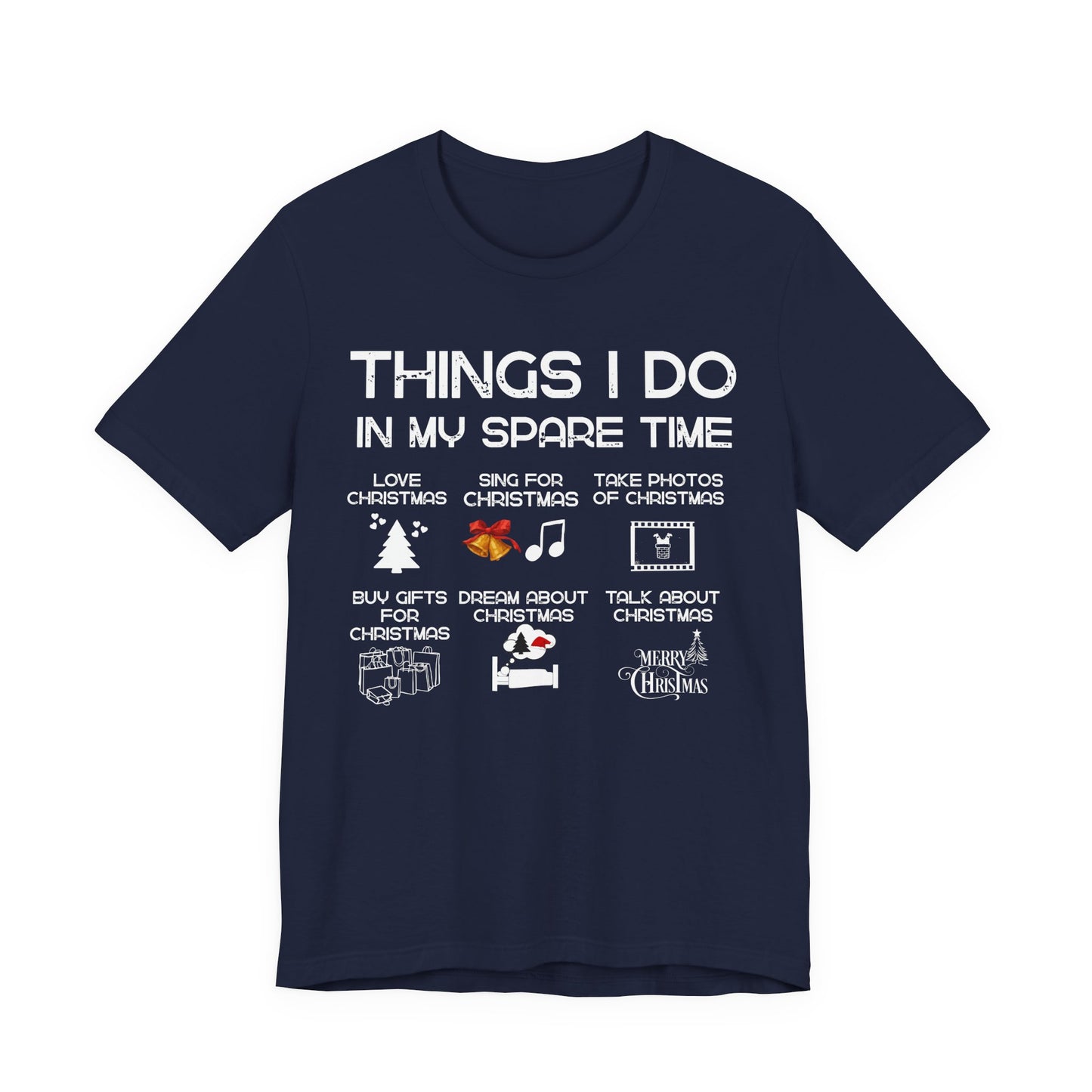 Navy blue t-shirt with white text and Christmas-themed graphics on a white background